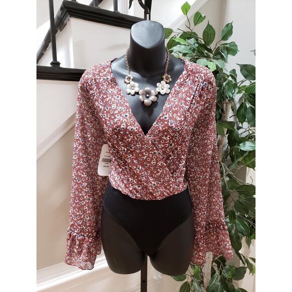 Dress Up Women's Brown Floral 100% Polyester V-Neck Long Sleeve Bodysuit Small - Picture 1 of 11